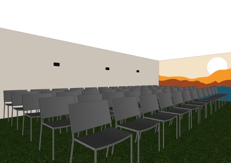 Simulação 3D da área externa da Smart Hub preparada para evento, com fileiras de cadeiras diante do mural do Sol.