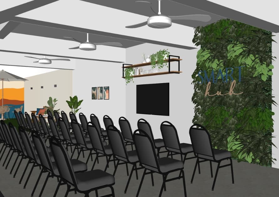 Outro ângulo da simulação 3D do lounge da Smart Hub, organizado com fileiras de cadeiras para um evento.